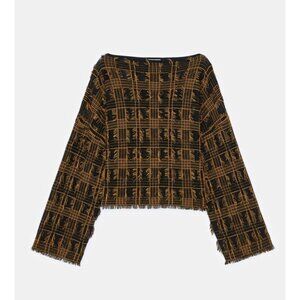 Lafayette 148 New York PLAID JACQUARD KNIT FRINGED SWEATER Shirt $1298 NWT M/L